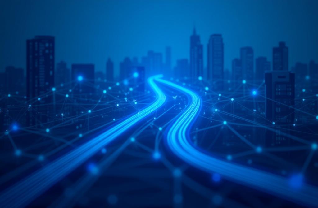 Modern city transportation network graphic showing interconnected lines representing routes and data flow, viewed from above against a subtle blue-tinted background.