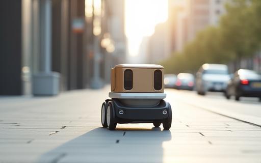 An autonomous delivery robot navigating a sidewalk in a city, carrying a package.