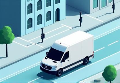 Graphic of a delivery van moving through a stylized city street, illustrating the final leg of a delivery route.