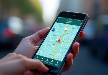 Ride-sharing app interface on a phone screen, showing a map with vehicles and a user profile.